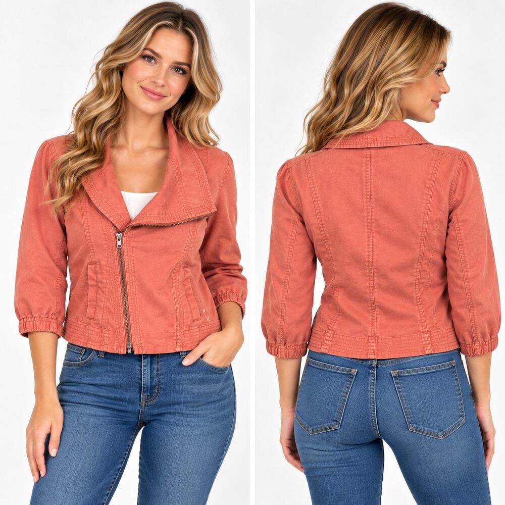 Hurley Womens XS Coral Pink Asymmetrical Zip Cropped Denim Jacket